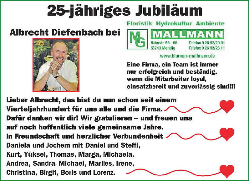 25-jähriges Jubiläum Alfred Diefenbach bei MG Mallmann